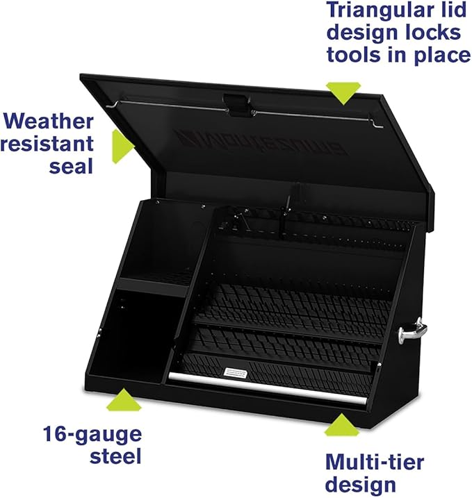 Montezuma – XL450B – 36-Inch Portable TRIANGLE Toolbox – Multi-Tier Design – 16-Gauge Construction – SAE and Metric Tool Chest – Weather-Resistant Toolbox – Lock and Latching System, Black