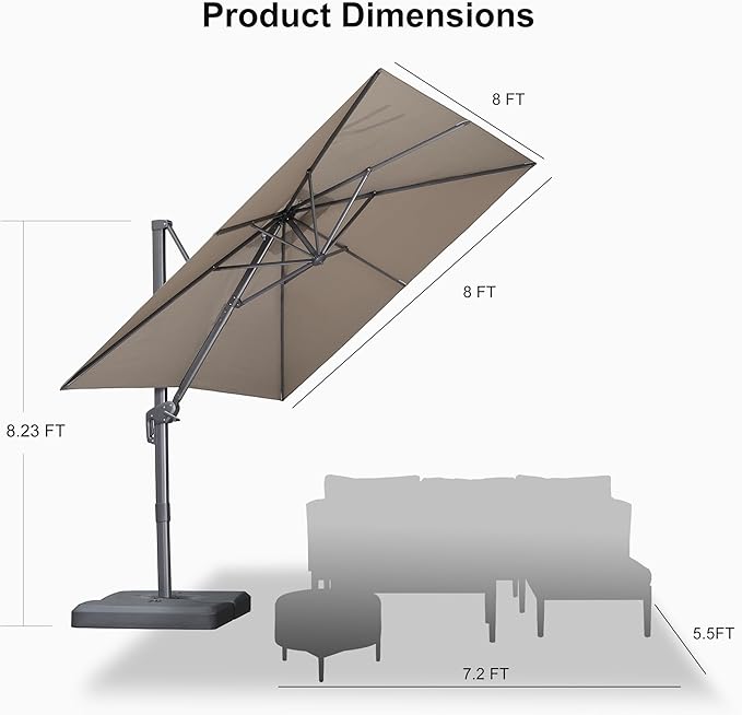 PURPLE LEAF 8 FT Cantilever Patio Umbrella Outdoor Aluminum Offset Square Umbrella with 3 Years Fade Resistance Recycled Fabric and 360-degree Rotation for Deck Pool Garden, Ash Mocha