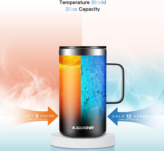 KXIAOCHEN 20oz Insulated Coffee Mug with Lid, Stainless Steel Coffee Cup, Double Wall Vacuum Coffee Tumbler with Handle, Premium Thermal Travel Coffee Mug (Black 2Pack)
