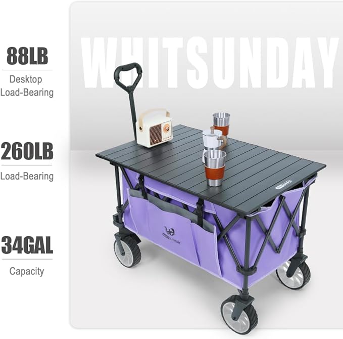 Whitsunday Folding Collapsible Utility Wagon, 400Lbs Heavy Duty Outdoor Park Beach Wagon with Table and Side Pocket for Garden Camping Sports Shopping Purple