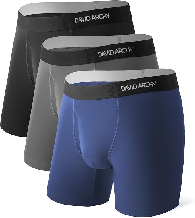 DAVID ARCHY Mens Performance Boxer Briefs 3 Pack, 3D Support Pouch & No Ride-Up Design Moisture-Wicking Sport Underwear