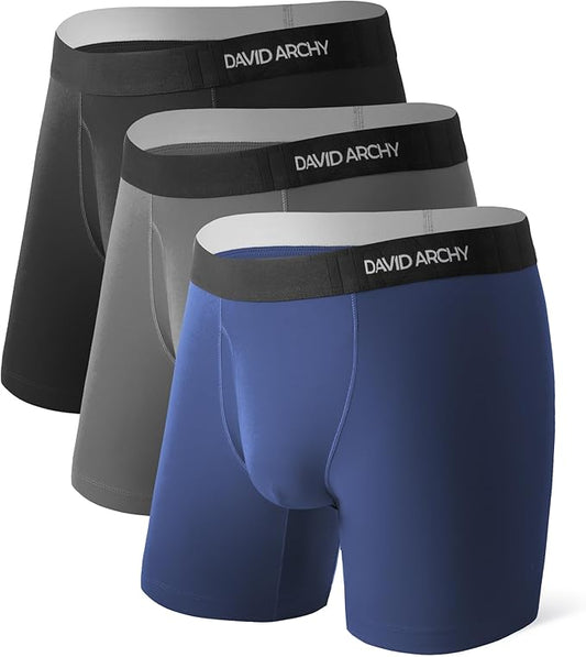 DAVID ARCHY Mens Performance Boxer Briefs 3 Pack, 3D Support Pouch & No Ride-Up Design Moisture-Wicking Sport Underwear