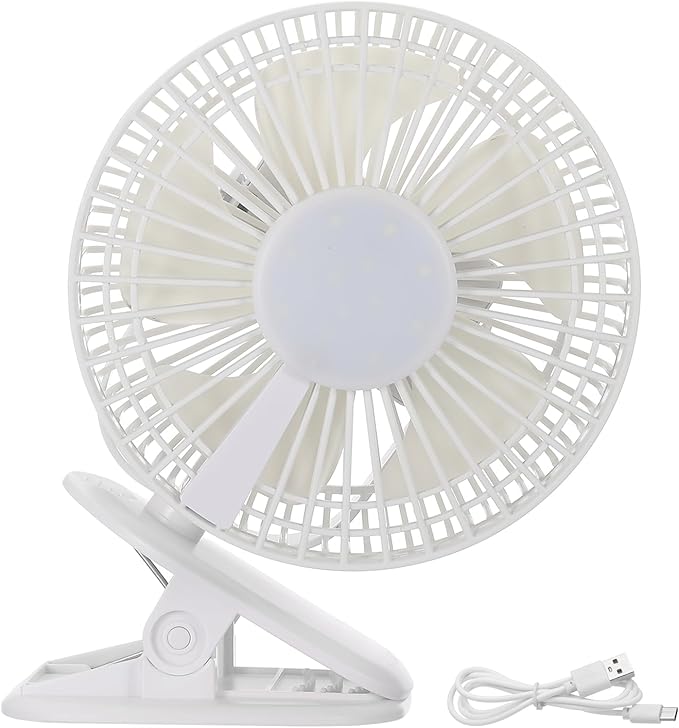 PATIKIL Portable Desk Fan, Camping Fan 6 Inch with LED light 3 Speeds Strong Airflow Sturdy Clip Quiet USB Cord Powered for Tent Camping, Home and Office, White