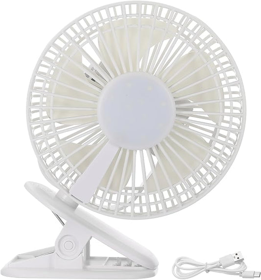 PATIKIL Portable Desk Fan, Camping Fan 6 Inch with LED light 3 Speeds Strong Airflow Sturdy Clip Quiet USB Cord Powered for Tent Camping, Home and Office, White