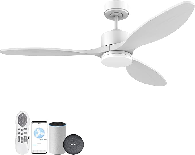 52" Smart Wood Ceiling Fans with light and Remote,Dimmable LED Light,Quiet DC Motor,Control with Alexa Google Voice App,Outdoor Indoor Modern Ceiling Fan for Bedroom Patio,White