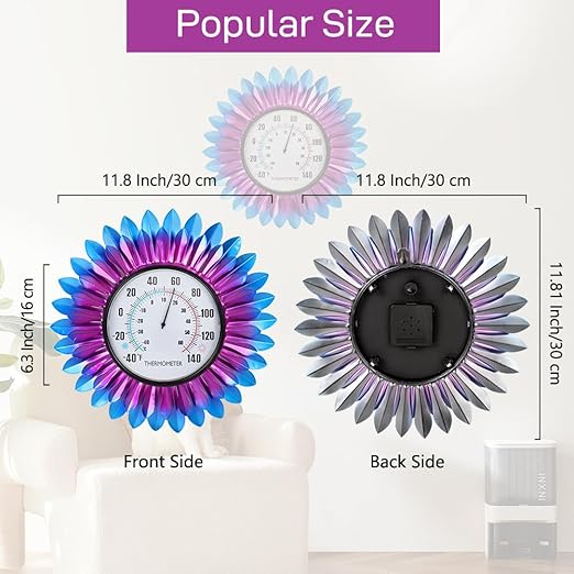 VEWOGITF Outdoor Thermometer, Metal Wall Themometer No Need Battery, Purple Blue Flower Indoor Thermometer with Large Number for Patio Room Decor