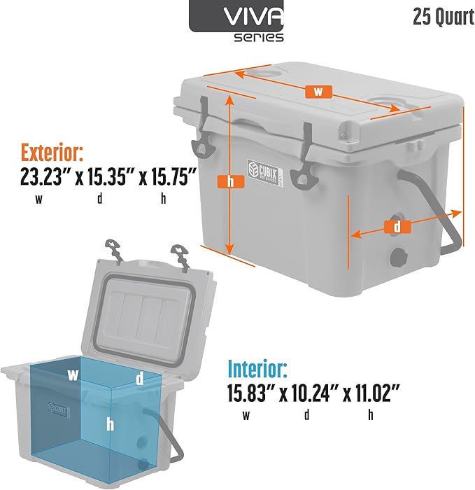 Viva 25QT Portable Rotomolded Hard Cooler, 5-Day Ice Cold Retention, Travel, Beach, Camping, Fishing