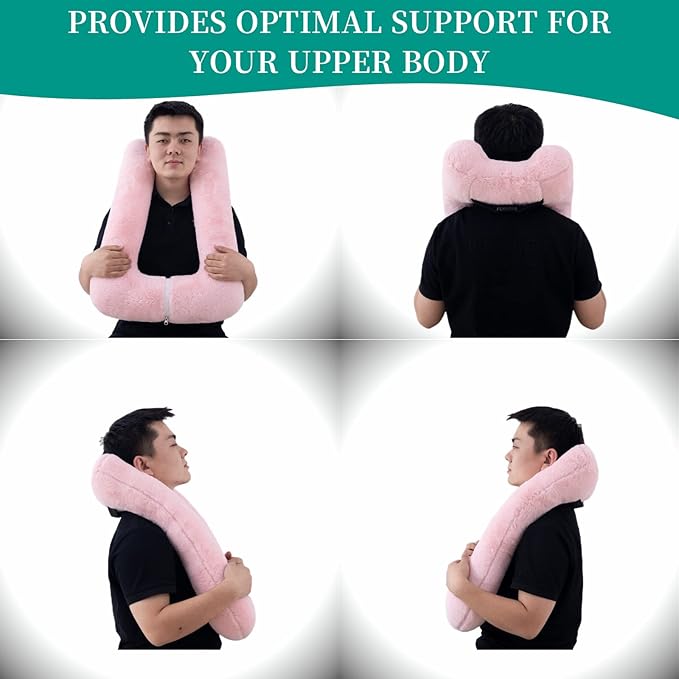 Travel Pillow Upgraded Version of Aircraft Travel Neck Pillow with Storage Bag, Sleep Pillows for Travel by Train, Car, or Plane, Supporting The Head and Body, Travel Pillow for Kids Pink