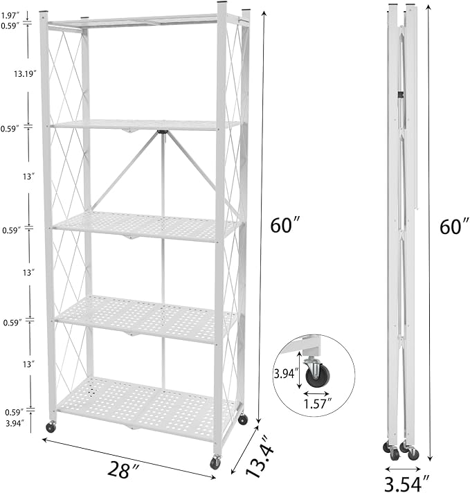 5 Tier Folding Shelf with Wheels,Metal Steel Collapsible Shelves,No Assembly Portable Shelves Organizer Rack,Rolling Standing Utility Rack for Kitchen, Pantry, Office, White