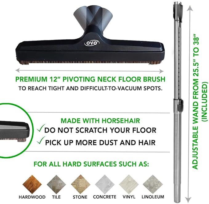 OVO Central Vacuum Carpet Deluxe Accessory Kit, 40ft Dual Voltage hose with pigtail, On-Off Switch at the handle, 6 Adjustable heights Electric carpet beater, 12’’ floor brush and accessories.
