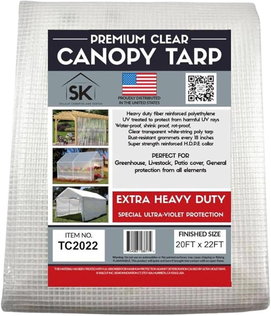 16 Mil Clear Poly Heavy Duty Tarp with Fiber Reinforcement - True Size Tarps with UV Protection, Tear Resistance, Flexibility, Reinforced Corners 20x22