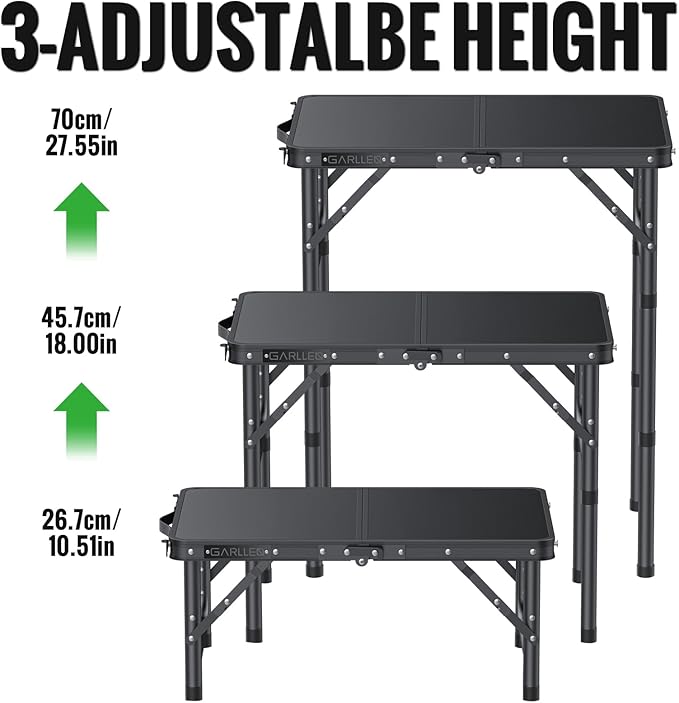 GARLLEN 2ft Folding Camping Table, 3 Adjustable Height Lightweight Picnic Table, Portable Aluminum Grill Table (22.8" L x 15.7" W) for Outdoor, Camping, BBQ, Black