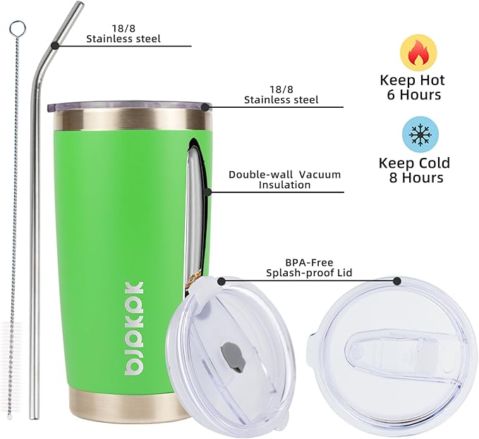 BJPKPK 20 oz Insulated Tumblers With Lid And Straw Stainless Steel Coffee Tumbler Cup,Green
