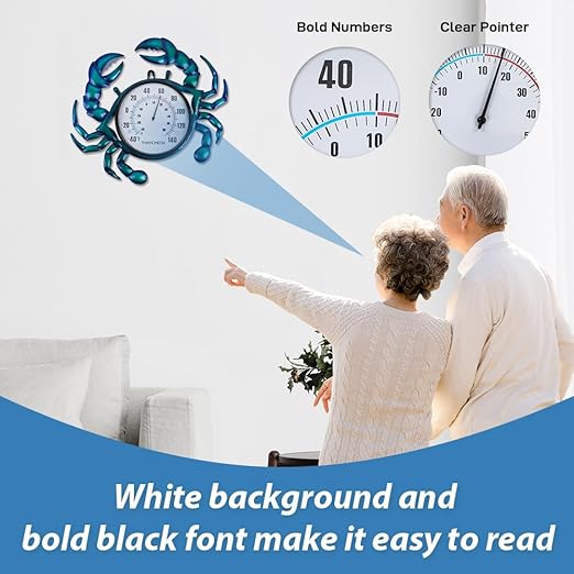 14" Crab Shape Outdoor Thermometer, Indoor Thermometer No Need Battery, Metal Wall Thermometer Easy to Read for Patio Garden Living Room Decor