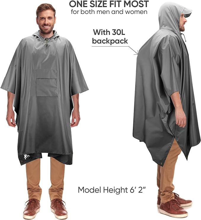 PTEROMY Hooded Rain Poncho for Adult with Pocket, Waterproof Lightweight Unisex Raincoat for Hiking Camping Emergency