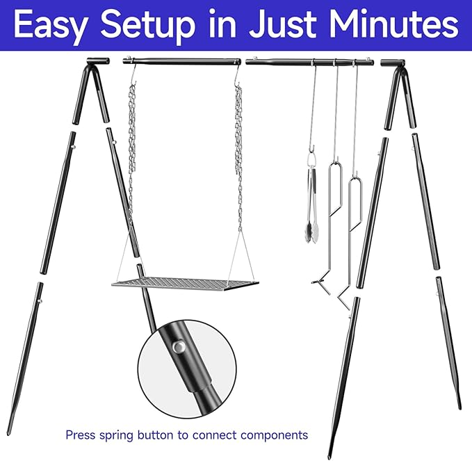 Grill Swing Campfire Cooking Stand, BBQ Grill for Cookware, Bruntmor Dutch Oven Adjustable Collapsible Legs with Hooks and Accessories