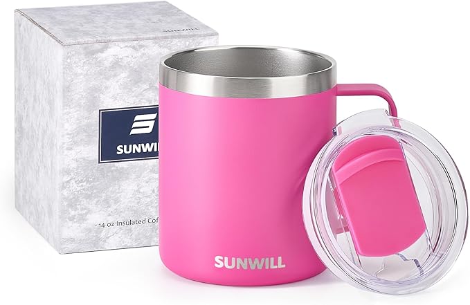 SUNWILL Insulated Coffee Mug with Lid, Travel Tumbler with Handle, 14 oz Stainless Steel Cup for Home, Office, Camping, Powder Coated Magenta