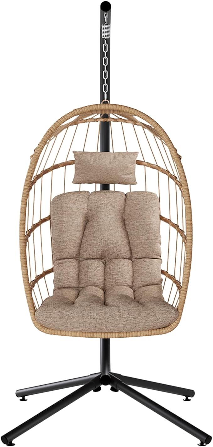 SWITTE Egg Chair Outdoor with Stand, Indoor Wicker Hanging Egg Swing Chair with Cushion, 350lbs Capacity for Patio, Bedroom, Garden - Cream