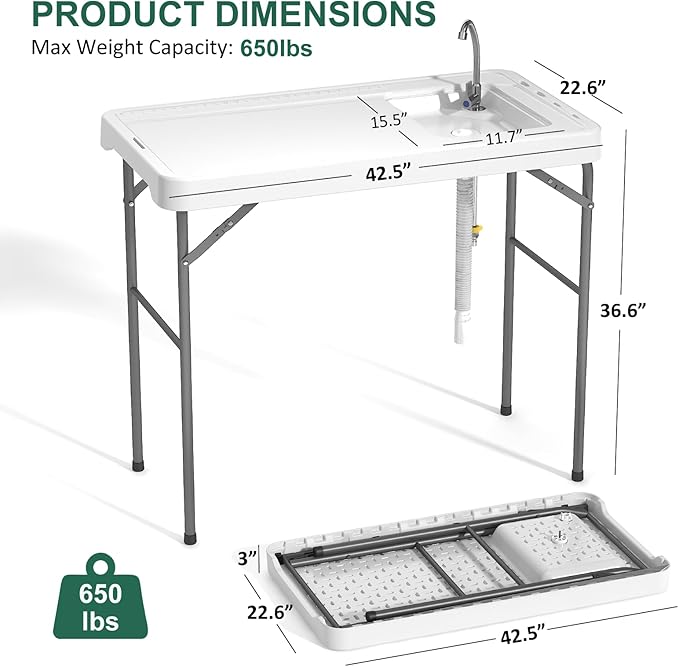 42.5" Fish Cleaning Table with Sink, Folding Camping Table & Fish Cleaning Station with Measure Mark, Camping Sink with Hose Hookup for Outdoor Picnic, Beach, Dock & Patio Use
