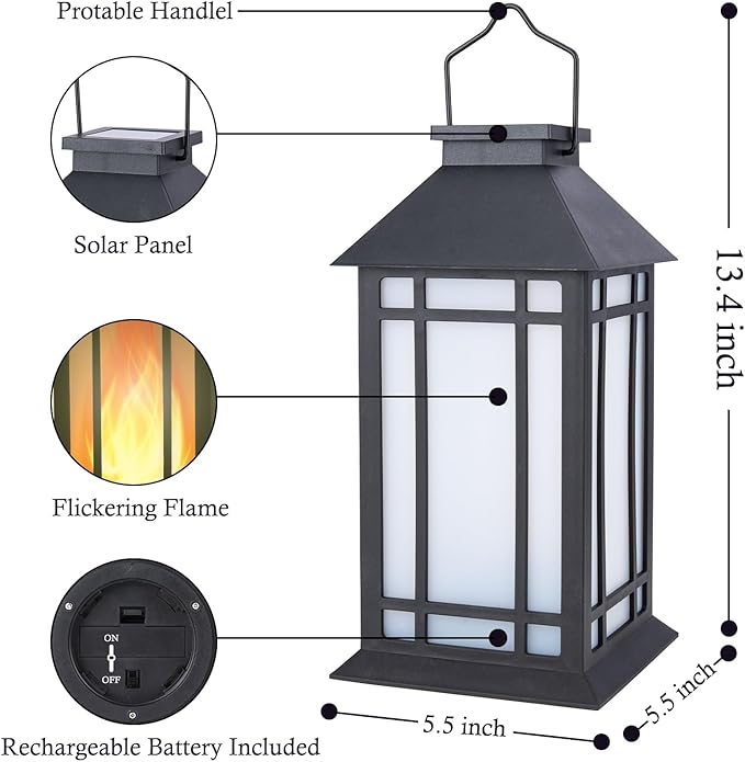 Solar Lantern Outdoor Garden Hanging Lights 11" Waterproof LED Vintage Flickering Flameless Lanterns for Patio, Table, Party, Garden, Yard, Lawn