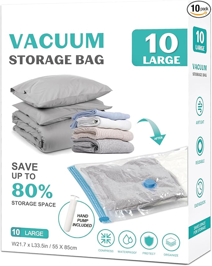 10 Pack Large Space Saver Vacuum Storage Bags Large Seal Bags for Bedding Compression Bags for Travel Comforters Blankets Bedding Pillows Luggage Hand Pump Included