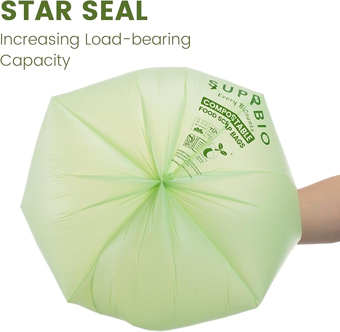 SUPERBIO 13 Gallon Handle Tie Compostable Food Waste Bags, 30 Count, 2 Pack, ASTM D6400, BPI and OK compost INDUSTRIAL, 49.2L, 0.87 Mil