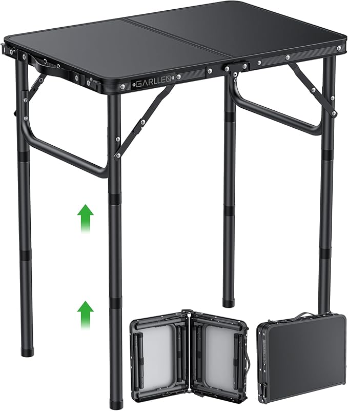GARLLEN 2ft Folding Camping Table, 3 Adjustable Height Lightweight Picnic Table, Portable Aluminum Grill Table (22.8" L x 15.7" W) for Outdoor, Camping, BBQ, Black