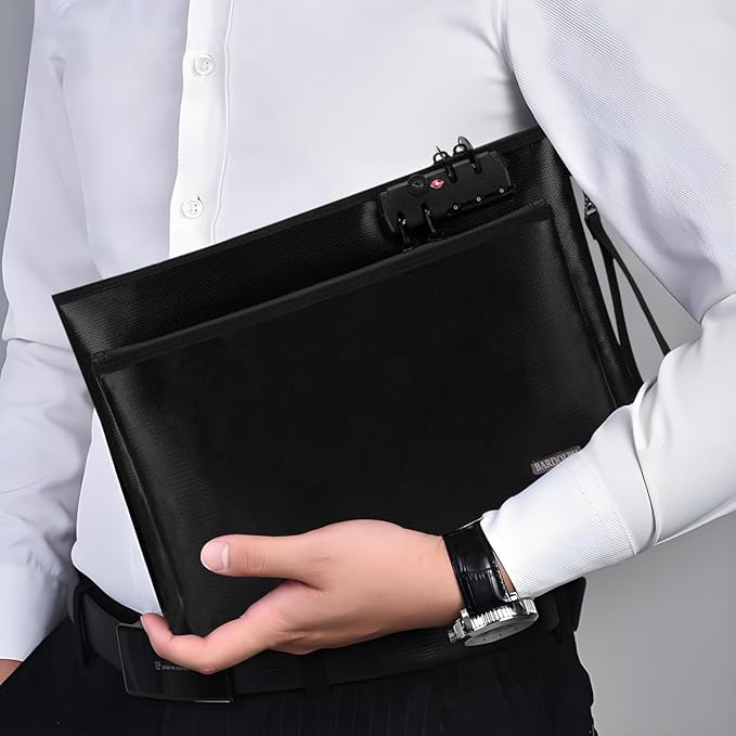 Fireproof Document Bag, Fireproof Money Bag with Lock and Zipper for Cash, FireproofBag Money Pouch, Fire Safe CashBag BankerBag, Notary Supplies (black, Large)