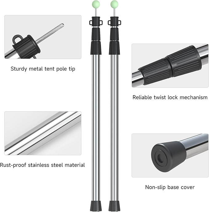 SANLIKE Telescoping Tarp Pole Heavy Duty Tent Poles, 33"-86.6"/94" Thickened Tube Collapsible Stainless Steel Canopy Poles for Camping Backpacking Hiking Awning Sun Sails Outdoor Sports, Set of 2