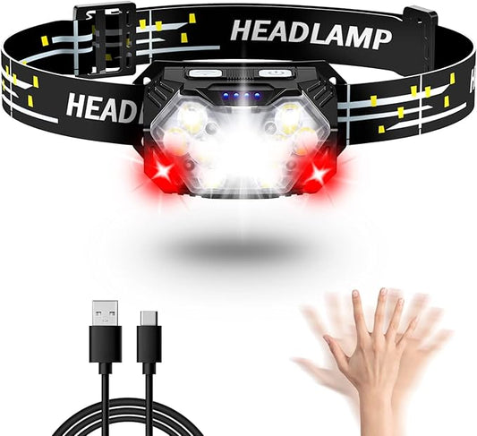 9 LED Headlamp Rechargeable 1 Pack, 2000 Lumens Super Bright Head Lamp with Red Light, 10 Modes, Motion Sensor and Adjustable, IPX5 Waterproof Headlight for Camping Hiking Running