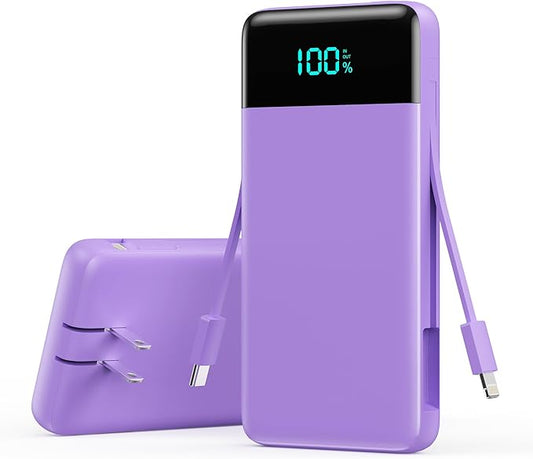 Portable Charger for iPhone with Built in Cables & Wall Plug,6-in-1 10800mah Power Bank With iWatch Charger,QC4.0+25W PD Fast Charging Battery Pack for iPhone 16/15/14,Android,Apple Watch-light purple