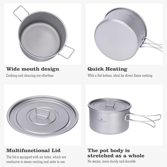 iBasingo 2.4L Titanium Soup Pot with Lid Camping Cookware with Foldable Handle Portable Lightweight Outdoor Kitchen Cooking Kit for Backpacking Hiking Picnic Fishing Mountaineering Ti2108C