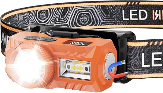 LED Headlamp Rechargeable with Motion Sensor - Super Bright Head Lamp with 6 Modes for Camping & Hiking Gear Essentials, IPX4 Waterproof Headlight Flashlight with Red Light, USB Cable Included(Orange)