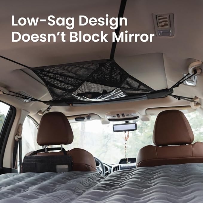 LUNO Ceiling Cargo Net - Car Roof Storage w/Multiple Pockets, Hangout Loops & Tab Pocket for Long Road Trip & Camping - 36" x 52" Car Camping Essentials Organizer for SUV - XL