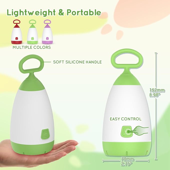 Kids Camping Lantern & Night Light Battery Powered (AAA Included), 360° Eye-Safe Light, IPX4 Waterproof with RGB Modes Portable for Outdoor, Emergency & Bedtime, Gift for Children (Green)