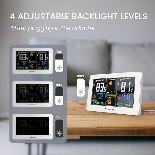 Newentor Weather Station Wireless Indoor Outdoor Thermometer, Color Display Digital Weather Thermometer with Atomic Clock, Barometric Pressure, Forecast Station with Adjustable Backlight,White,3Sensor