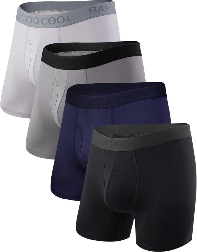BAMBOO COOL Men's Underwear Boxer Briefs Fly with Built-in 3D Pouch Comfortable Cool Underwear for Men 4 Pack