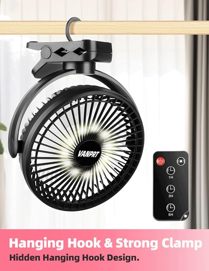 8'' Rechargeable Portable Hanging RV Tent Clip fan with Remote, 10000mAh Camping Fan, 3 Speed, Max 40 Hours Working Time, with LED light and Timer, 720°Rotation, as Emergency Power - Black