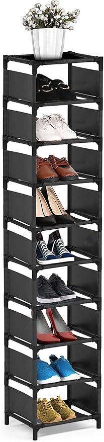 Vertical Narrow Tall Shoe Rack for Front Door Entrance,10 Tiers Sturdy Metal Shoe Rack Organizer for Closet Entryway, Storage Shelf, Space Saving Stackable Shoe Tower