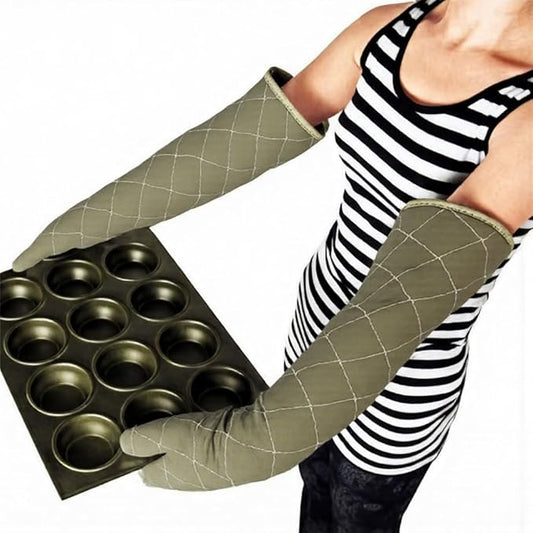 Extra Long 24 Inch Heat Resistant Oven Gloves New Cotton Oven Mitts Kitchen Gloves High Temperature Cooking Tool BBQ Gloves (24" Green, 24 Inch)