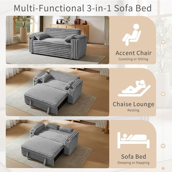 68.11" Corduroy Sleeper Chair Bed with USB Port, Cup Holders & Side Storage Pockets – 3-in-1 Foldable Sofa Bed for Guest Room, Living Room– Gray