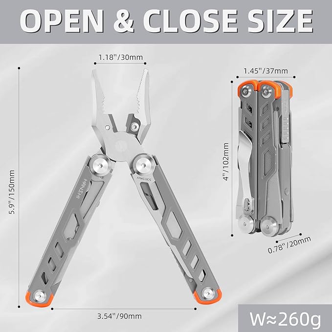 HANSHI 15 in 1 Multitool Pliers with Scissors, Upgraded Heavy Duty Stainless Steel Multi Tool with YG10 Tungsten Steel Replaceable Wire Cutters for Survival, Camping, Hiking,Repair and Gift (Silver)