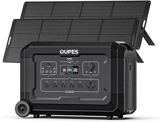OUPES 3600W Portable Power Station Mega 3 with 2 * 240W Solar Panels, 3072Wh LiFePO4 battery w 6 Huge 3600W AC Output, Solar Generator for Home Emergency Backup, RV, In-grid, Off-grid