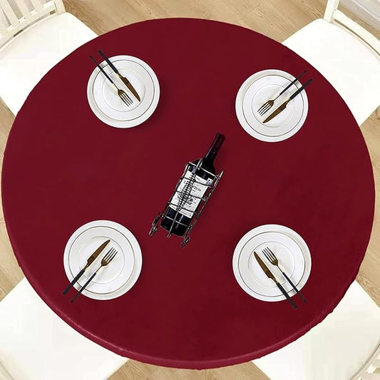 LUSHVIDA Round Waterproof Table Cover Elastic Tablecloth Vinyl Fitted Table Cloth Elastic Edged Plastic Table Cover,(Fits Tables up to 45"-56" R, Burgundy)