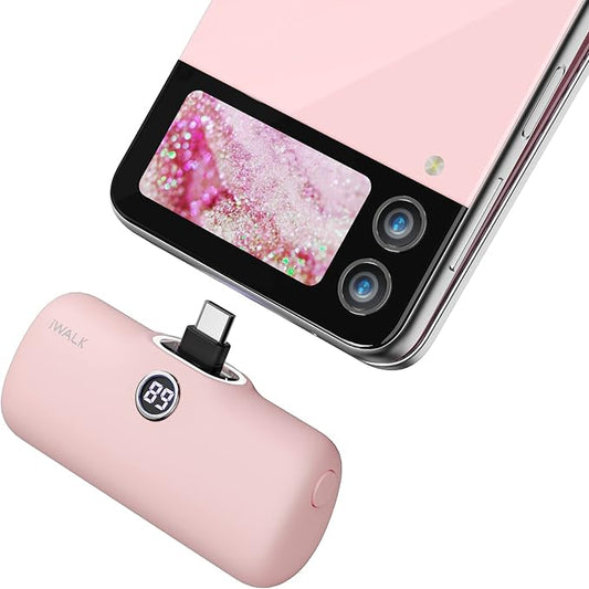 iWALK Small Portable Charger, 4,800mAh 18W PD Fast Charging Power Bank with Built-in USB-C Connector, External Mini Battery Pack for Samsung Galaxy S25/S24/S23, Android, iPhone 15/16/Pro/Max, Pink