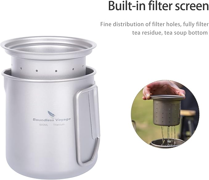 Boundless Voyage Titanium Camping Coffee Pot 1500ml Barista Kettle for Making Coffee, Boiling Water - Outdoor Traveling Campfire Stovetop Fast Brew (Kettle+3 Cups Set)