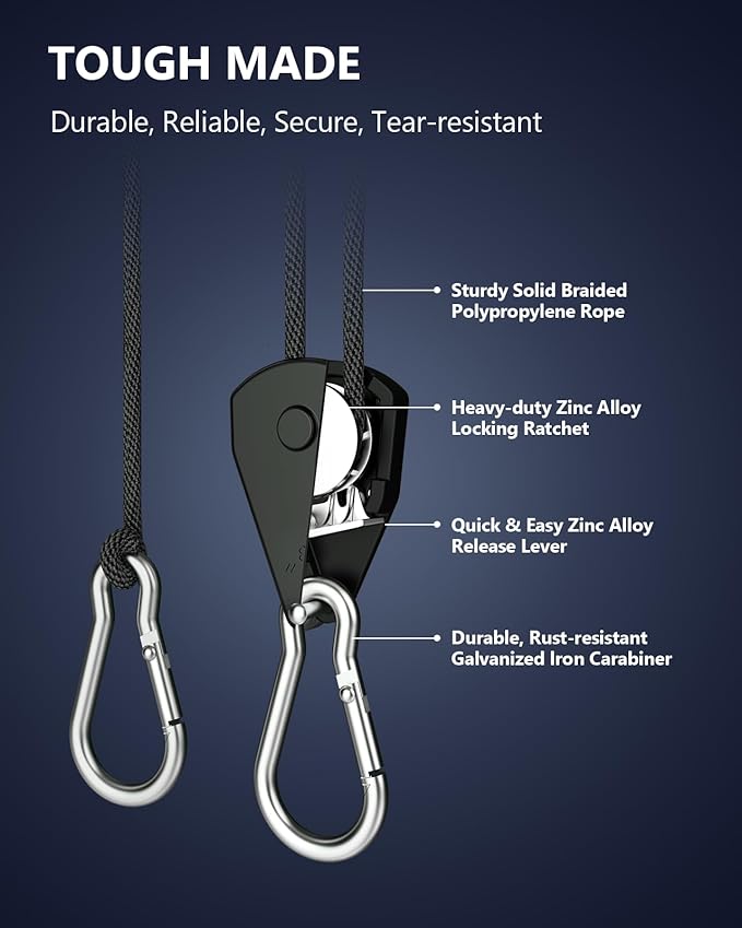 VIPARSPECTRA Retractable Heavy Duty Ratchet Tie Down Straps [8 Pack, 8ft, 75lbs/Pack], Rope Pulley System with Carabiner Hook Rope Adjuster for Hanging Plants/Grow Light/Tents Various Tie-Down Uses