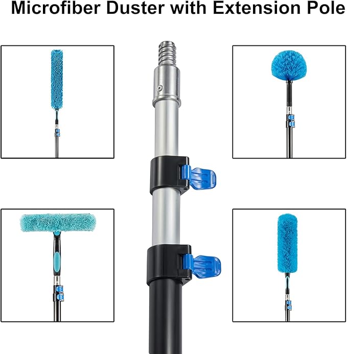 25 Foot High Ceiling Fan Duster with 6-18 Foot Extension Pole, Extendable Reusable Cobweb, Feather, Window Cleaning Squeegee Kit