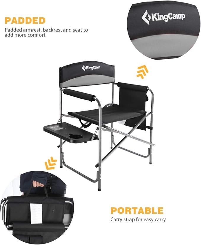 KingCamp Camping Foldable Padded Director Arm Chair with Side Table and Pocket, Grey
