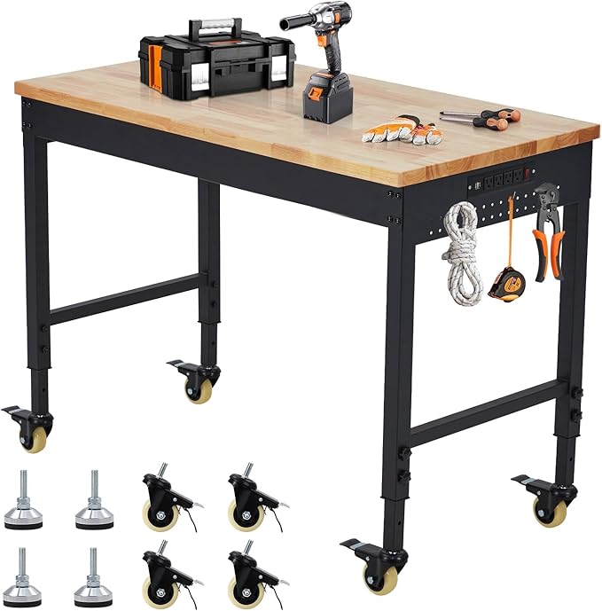 60" Workbench, Heavy Duty Adjustable Height Table with Power Outlets, Portable Garage & Workshop Work Bench, 2000 LBS Capacity, Office, Home Use, Easy Assembly, Multipurpose Utility Table